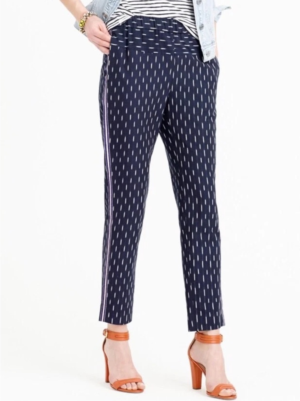 J. Crew Pull On Ikat Cropped Cotton Metallic Tuxedo Stripe Pants, Navy Blue – 2